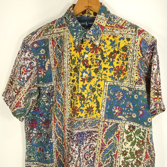 Vtg Ralph Lauren Hawaiian Shirt Men's Med Multicolor Floral Print Pullover 80s - Picture 1 of 12